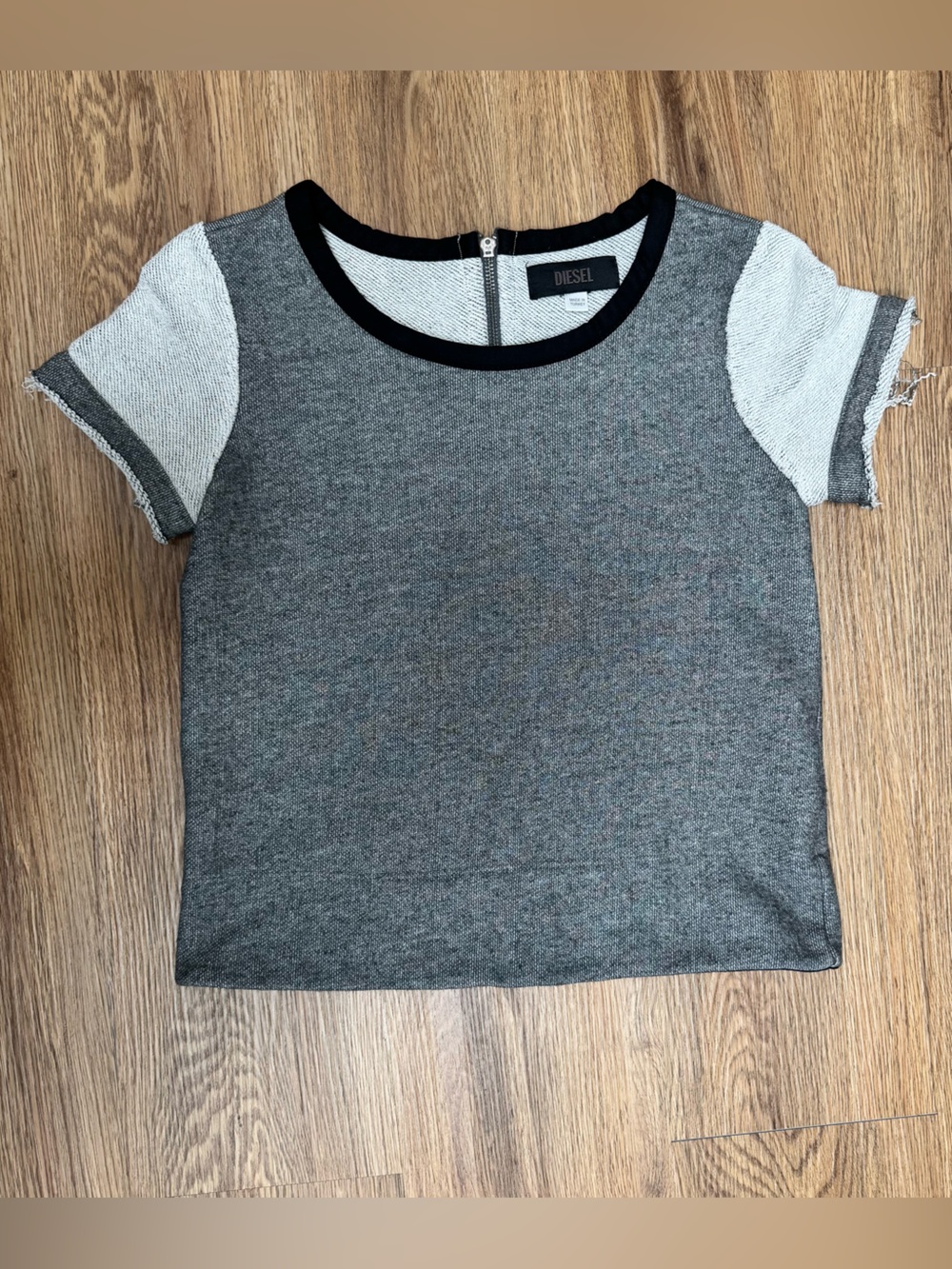 Diesel Gray and Light Gray Short Sleeve Knit Top with Black Trim